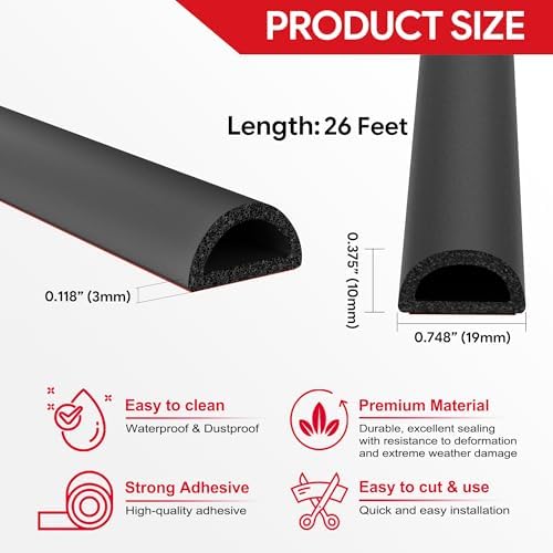 7.6m(26피트) 웨더 스트리핑 도어 씰 자체 접착 EPDM 폼 고무 씰 스트립 D자형 도어 웨더 스트리핑, 문 및 창문, RV, 보트, 자동차, 트럭, 해양용, 너비: 1.9cm(0.75인치), 높이: 1cm(0.4인치) — 사진 3