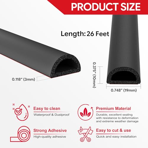 Image of 26 Feet Weather Stripping Door Seal Self Adhesive EPDM Foam Rubber Seal Strip D-Shaped Door Weather Stripping for Door and Window, RV, Boat, Auto, Truck, Marine, W:0.75 inch; H:0.375 inch