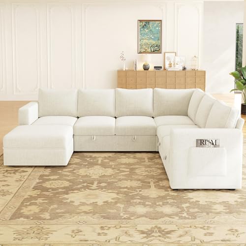 SUAWY 106.7" Sectional Sleeper Sofa with Pull Out Couch, Modern 7 Seat U Shaped Modular Couch, Sectionals Modular Sofa with Storage, Comfy Sectional Couches for Living Room & Apartment, Light Beige