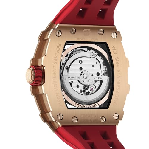 Image of TSAR BOMBA Men's Automatic Watch Tonneau Luxury Skeleton Watches for Men Mechanical 50M Waterproof Analogue Watches Mens Unique Cool Square Big Face Dial Wristwatch with Silicone Strap Band