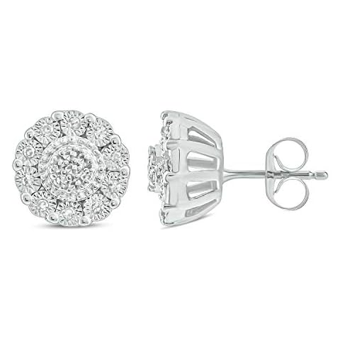 Cali Trove 1/10ct Round White Diamond Sterling Silver Miracle Plate Halo Cluster Earrings Cover