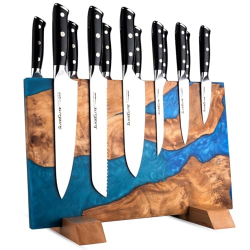 SliceElite Tabla magnética extra grande de resina azul para cuchillos de doble cara con ganchos para cuchillos adicionales, diseño de madera de oliva con capacidad para hasta 20 cuchillos