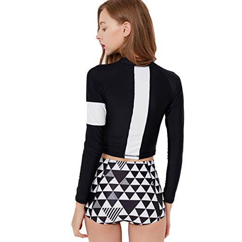 Iwemek Womens Two Piece Long Sleeve Half Zipper Front Rash Guard Swimwear Rashguard Padded Push Up Swimsuit Athletic Swim Shirt Cropped Tops High Waisted Short Panty Colorblock Bathing Suit A-Black S #TOP4