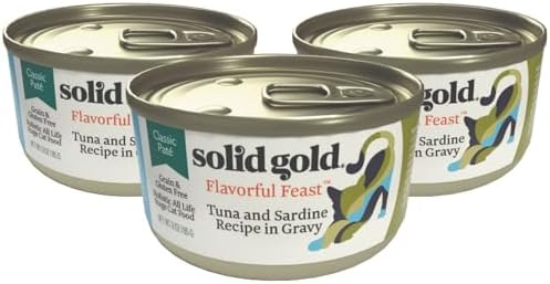 Solid Gold Wet Cat Food Pate Flavorful Feast 3 Count Sample Pack – Canned Cat Food Made w/Real Tuna & Sardine – Grain Free Cat Wet Food for Sensitive Stomach & Healthy Living