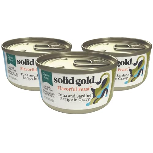 Image of Solid Gold Wet Cat Food Pate - Healthy Canned Cat Food Pate w /Real Tuna & Sardine, Omega Fatty Acids, Vitamins & Minerals - Grain Free & Gluten Free Can Meals for Cats & Kittens - 3ct /3oz Cans