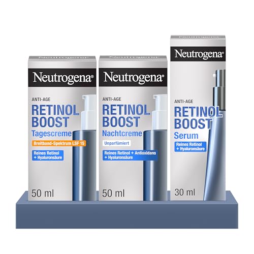 Neutrogena Retinol Boost Anti-Ageing Set - Tagescreme SPF 15 Nacht Creme & Serum mit Retinol & Hyaluronsäure gegen Falten Pigmentflecken & für straffere Haut