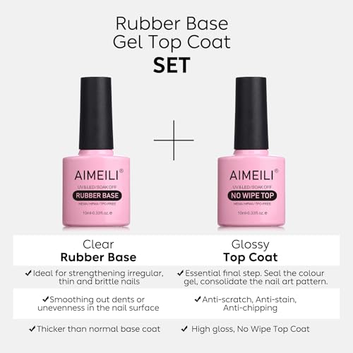 AIMEILI 4 in 1 Rubber Base Gel & Top Coat Set for Nails, 2 x 10ML Soak Off UV LED Gel Nail Polish Gel Nail Varnish Lacquer Manicure Set, Gloss Shiny Long Lasting - Image 5
