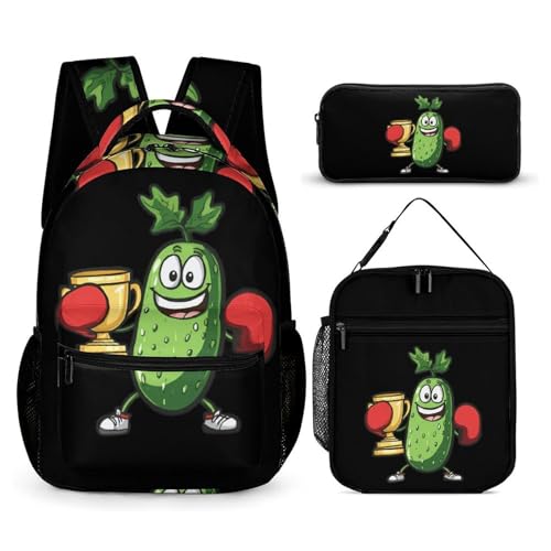 Boxing Winner Pickle 3 PCS Backpack Set Casual Daypack with Insulated Lunch Bag & Pencil Case