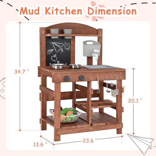Image of Kids Mud Kitchen Outdoor 23.6in, Wooden Play Kitchen with Sink & Stove, Utensils, Mud Kitchen for Kids Outdoor