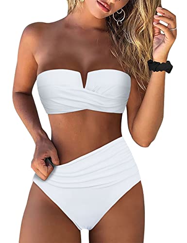 Hilor Bandeau Two Piece Bathing Suits for Women with Strap Retro High Waisted Swimsuits Sexy Push Up Bikini Swimwear