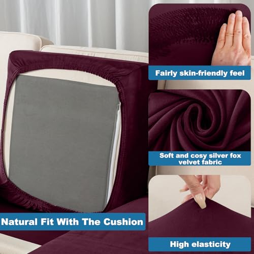 Image of Couch Cover 3-Piece Elastic Velvet Couch Cushion Covers & Chaise Slipcovers for L-Shaped Sofas, Sofa Seat Covers Washable, Soft Cover for Couches (2 Seater + Chaise, Wine)