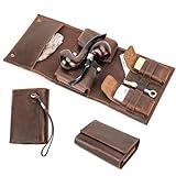 Contacts Full Grain Leather Travel Pipe Tobacco Pouch Smoking Pipe Accessories Organizer for 2 Pipes, Lighter, Cigarette, Coffee