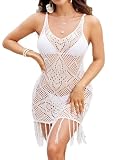 Milumia Women's Fringe Trim Crochet Bikini Cover Ups V Neck Sleeveless Beach...