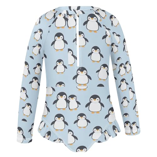 Cartoon Penguin Light Blue Girls Long Sleeve Swimsuit Rash Guard One Piece Bathing Suits Zipper 3-12T2