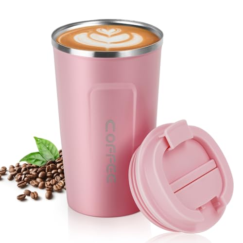 flintronic Taza de café 510ML, Taza de Viaje de Acero Inoxidable - Taza de automóvil de Doble Pared de Aislamiento Taza, Calibre Super Wide Cup para Hielo Fácil de Poner(Rosa)