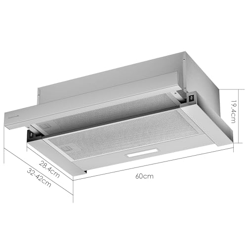Soonye Flachschirmhaube Dunstabzugshaube 60 cm Umluft 370 m³/h mit Kohlefilter,Energieeffizienzklasse A, nur 59/64 dB(A), Flach Abluft Abzugshaube,Edelstahl Silber