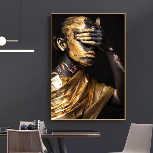 Grande femme noire bijoux en or, tableau sur toile vibrant d'émotions