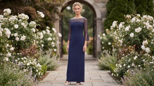 Image of Alex Evenings Women's Long Shift Dress with Illusion Neckline (Petite and Regular Sizes)