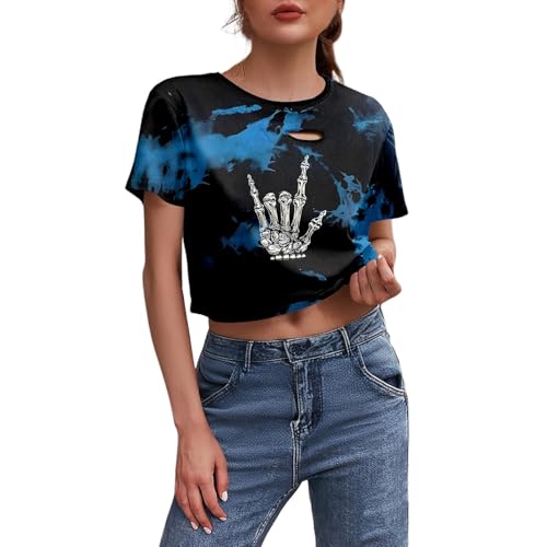 Camiseta de manga corta con estampado de esqueleto de Halloween para mujer, cuello redondo, camiseta gastada, informal, gótica, para otoño y primavera, azul, XS