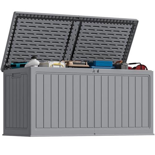 Greesum 260 Gallon HDPE Outdoor Storage Box - Waterproof, Large Capacity Deck Box with Removable Dividers for Patio, Yard, Garden Tools, Light Grey