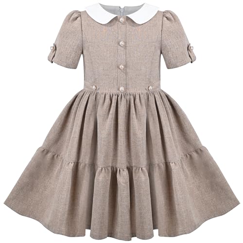 Girls Dress Brown White Collar Pearl Button Vintage Formal Short Sleeve Size 10