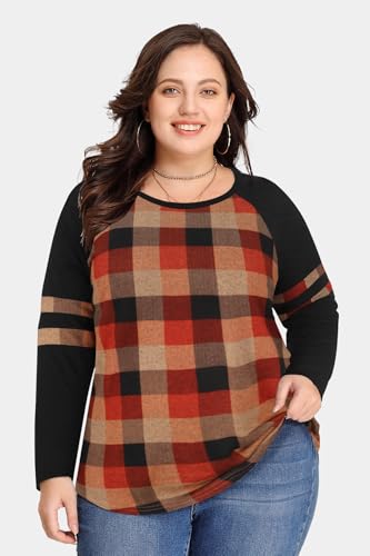 Image of CARCOS Plus Size Tops for Women Long Sleeve Fall Tunic Color Block Camo /Plaid /Leopard /Fall Blouse Crewneck Tshirt XL-5XL