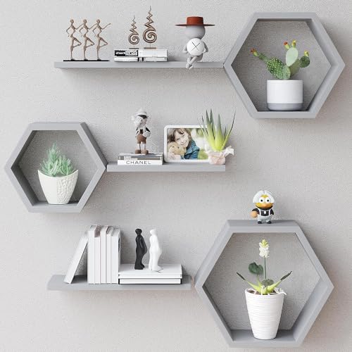 Image of Wooden Floating Wall Shelves Wall Mounted - Set of 6 Hexagon Shelves Display for Photos, Plants, Honeycomb Shelves for Living Room, Bedroom, Bathroom, Kitchen, Office (Grey)