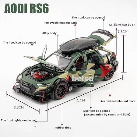 Image of VARIYA ENTERPRISE 1:24 Audi RS6 Modified Toy Car Diecast Metal Pull Back Car - 6 Openable Doors with Sound & Light | Luxury Toy Car & Gift for Kids 【Colors as Per Stock】