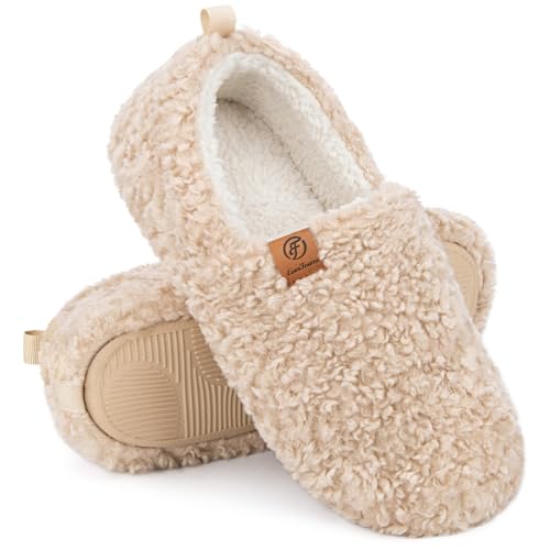 EverFoams Women’s Soft Curly Full Slippers Memory Foam Lightweight House Shoes Cozy Loafer with Polar Fleece Lining Khaki,9-10 US