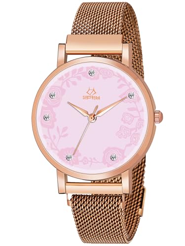Image of Septem 147-BlackMagnet Belt Diamond Studded Flower Design Analog Wrist Watch for Girls