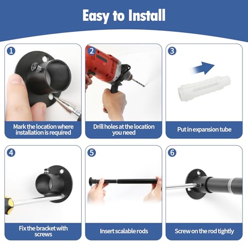 Image of Black Shower Curtain Rod Wall Mounted Shower Rod Screw in Adjustable Shower Curtain Rods for Bathroom (Set of 1, 28 to 46 inch)
