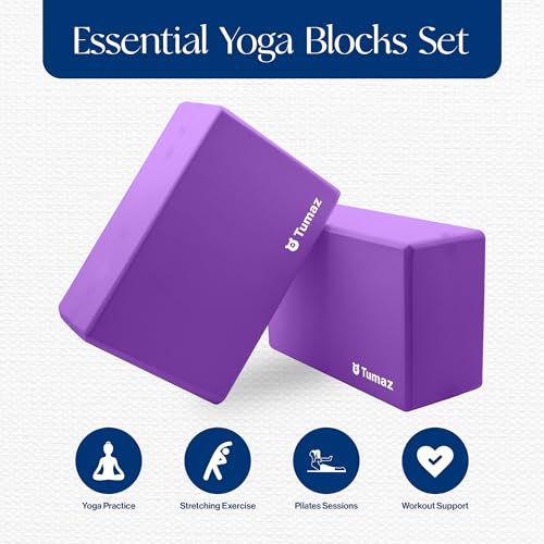 Tumaz Yoga Blocks 2 Pack with Strap Set, High Density/Lightweight EVA Foam and Non-Slip Natural Cork Blocks & Premium 8F Yoga Strap Set - E-Book Included2
