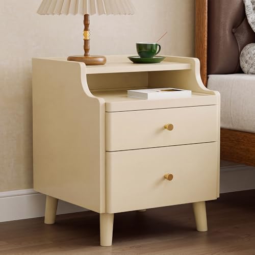 Image of Nightstand with Drawers, Pre-Assembled, 19.7 inch H Natural Solid Wood Night Stand with Open Sliding Shelf, Mid Century Modern Small Bedside Table Cabinet for Bedroom, Cream 16 inch