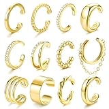 MOTIBACK Ohrschmuck-Set für Damen, 12 Stück Goldene Ear Cuffs & Ohrspangen ohne Ohrlöcher, Feste Ohrclips aus Kupfer, Hypoallergener Fake-Piercing-Schmuck im Geschenk-Etui (1)