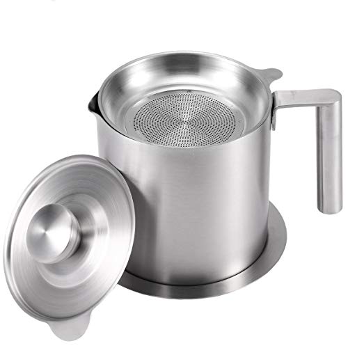 AQUIVER 1.2L Grease Strainer - Stainless Steel Oil Container with Removable Filter - Dustproof Lid & Dripproof Base - Bacon Grease Storage Can for Reusable Cooking Frying Oil, Fat