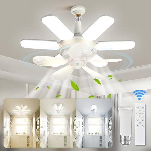 2-in-1 Socket Fan Light with Remote, Small Ceiling Fans with 3-Color Dimmable LED, Ceiling Fan Light...