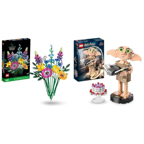 LEGO 10313 Icons Wildblumenstrauß Set, Künstliche Blumen mit Mohn und Lavendel & 76421 Harry Potter Dobby der Hauself Set, bewegliche ikonische Figur
