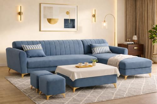 Image of Adorn India Premium Luster 8 Seater L Shape Sofa Set with 2 Puffy & 1 Center Table | Velvet Suede Fabric | 3-Year Warranty | RHS | Grey with Golden Legs & Striped Pattern Cushion