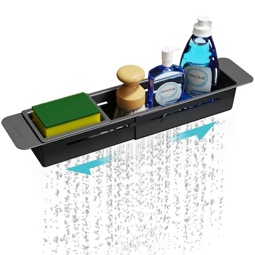 NiHome Extendable Over Sink Kitchen Organizer, Small Telescopic Brush Storage Rack for Sponge, Non-Slip Pads Expandable Sink Caddy, Adjustable Sponge/Brush Rack with Drainage Durable ABS (Black)