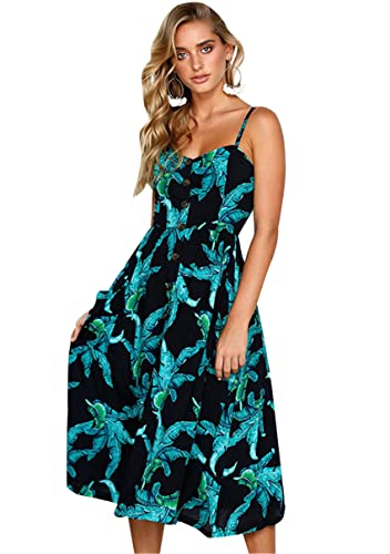 Image of YMING Womens Summer Spaghetti Strap Dresses Button Down Floral Sundress High Waist Swing Midi Dress with Pockets