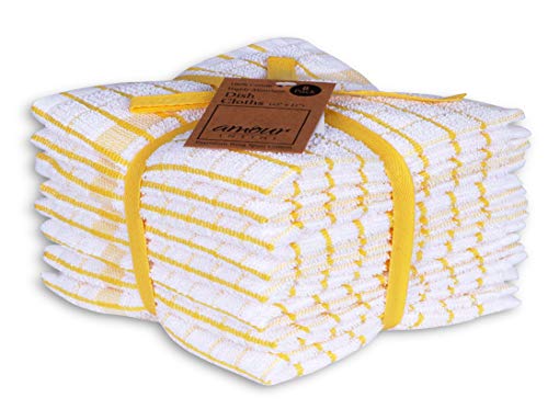 AMOUR INFINI Terry Kitchen Dish Cloths Set of 8 Ultra Soft Highly Absorbent Quick Drying Dish Rags 12x12 Inch Dishcloths for Washing Dishes (Yellow)