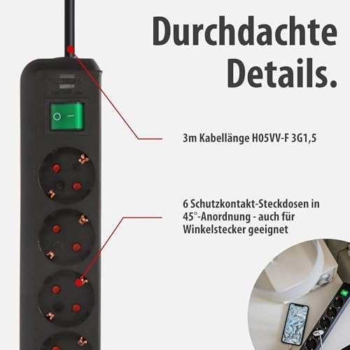 Brennenstuhl Eco-Line, Steckdosenleiste 6-Fach (Steckerleiste mit erhöhtem Berührungsschutz, Schalter und 3m Kabel) schwarz