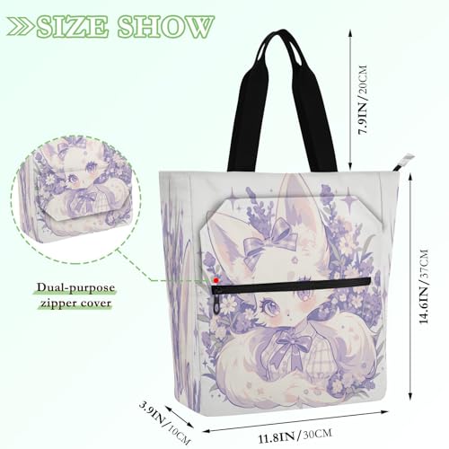 Decorative Book Tote Bag for Kids Boys Girls, Cute Cartoon Purple Fox Beaty Pastel Lightweight Child Book Tote Resuable Grocery Bag Handbag for School Work Travel Rainbow bolsos para guardar2