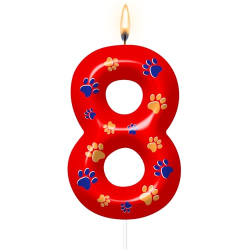 Dog Paw Themed Birthday Candle Number 8 Red Dog Paw Candle Birthday Party Decoration Cake Topper for Reunions Theme Party Supplies (Number 8)