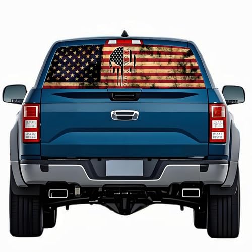 Image of Rear Window Decals for Trucks - 65x17.3 in Back Window Decals Fit Most Pickup Trucks SUV, Vinyl American Skull Flag Back Window Decal for Car Personalized Decoration - Skull Decal-4-S
