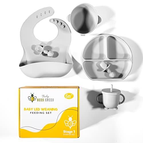 Baby Bees Knees Baby led weaning Supplies-Complete Starter Set Silicone Feeding Set- Suction Bowl Space Saving Suction Plate self Feeding Spoons- Easy to use Solid Food Eating Set 6+Months