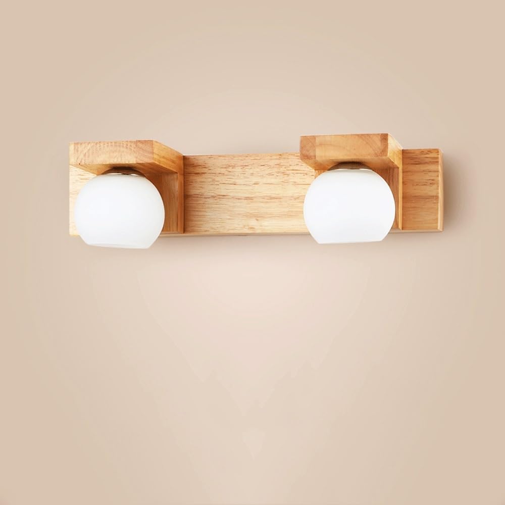 BLOOHK Modern Wood Wall Sconce, Japandi Bathroom Vanity Light with Globe Glass Shades, Nordic Minimalist Wall Mounted Lamp for Mirror, Bedroom, Hallway(Double Head)