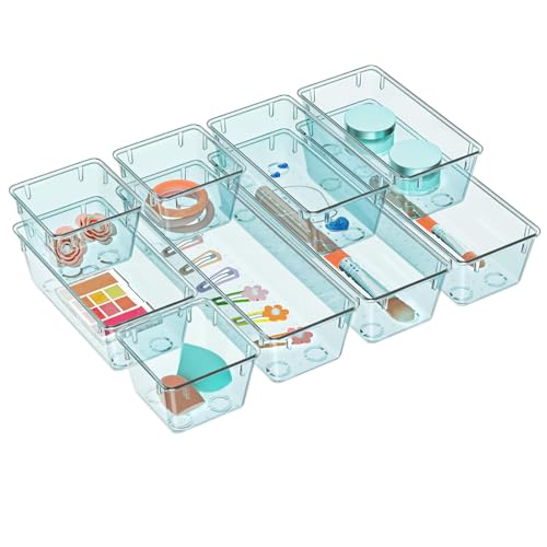 Image of WOWBOX 9 Pack Clear Drawer Organizer Set, Acrylic Drawer Storage Trays, Storage Bins for Makeup, Cosmetics, Jewelries, Utensils, Gadgets, Office, Sea Blue