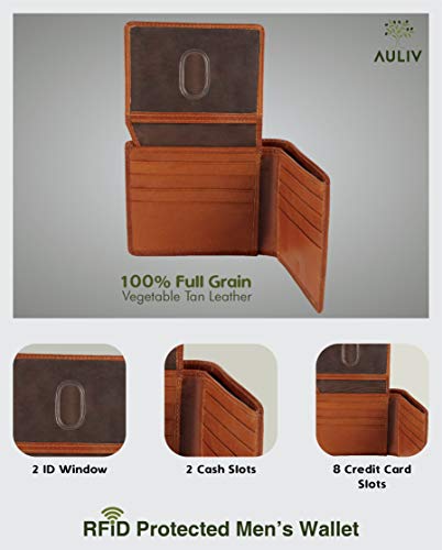 AULIV Men’s Bifold Wallet - Stylish Full Grain Veg Tan Leather Wallets for Men with 2 ID windows & 8 credit card slots- Slim Wallet Design with RFID Protection - Ideal Gift for Men4