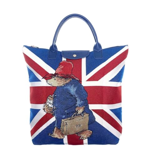 Signare - Bolsa plegable con diseño de oso de Paddington, diseño de bandera británica, Azul/Rojo/Blanco, 38cm (W) x 35cm (H) x 9cm (D)